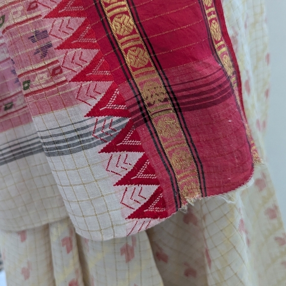 Vintage Indian Saree Red Cream Gold Pallu Without Blouse South Asian Desi Sari - Picture 5 of 10